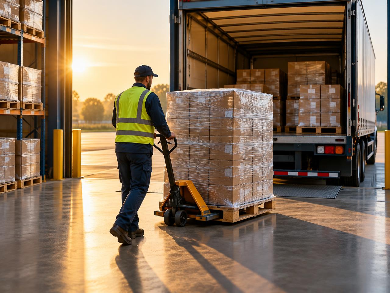 Pallet of wholesale goods being loaded onto a delivery truck